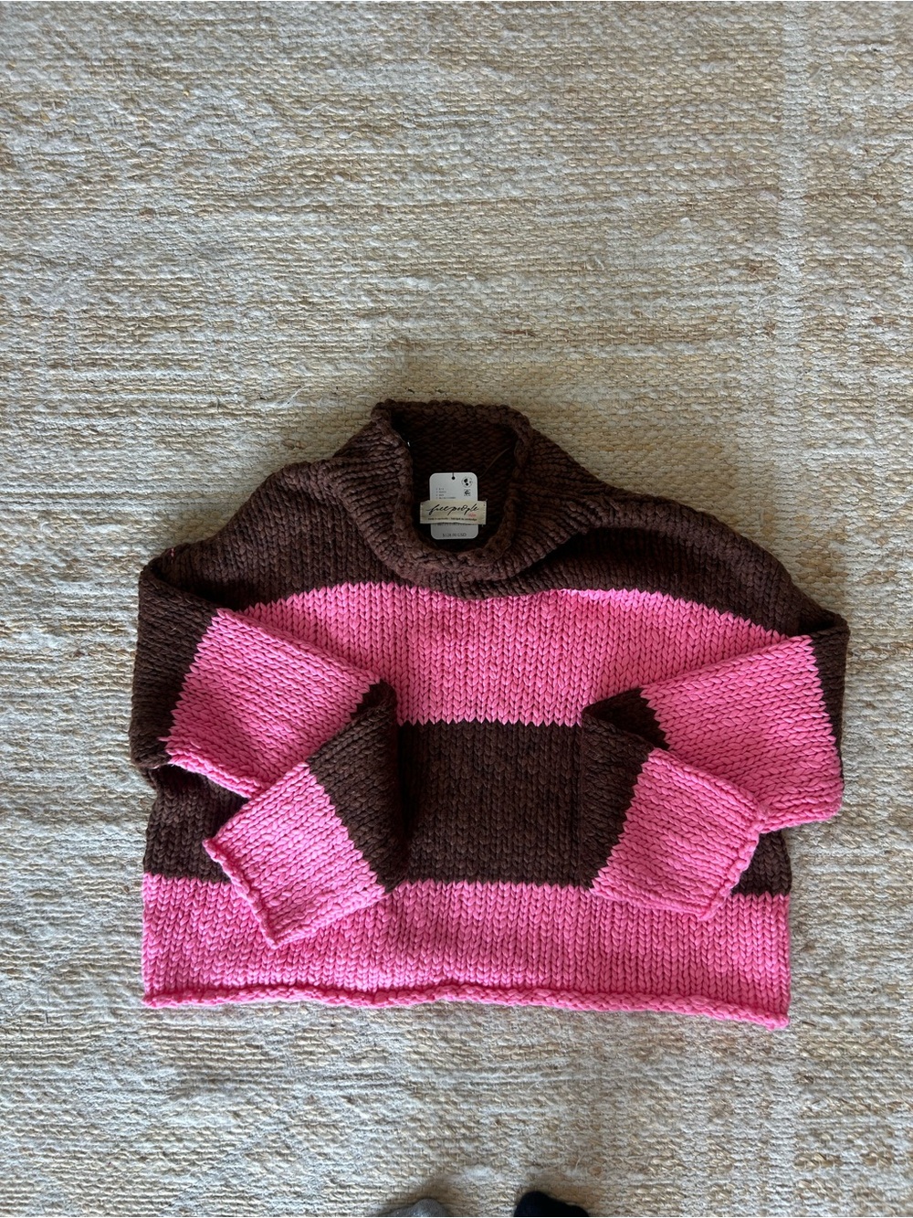 Free People Brown & Pink Striped Chunky Turtleneck Sweater